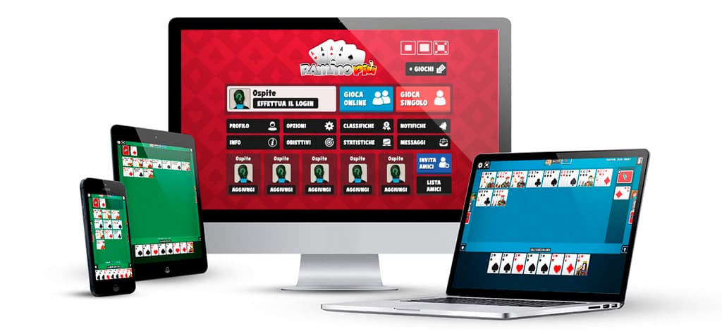 Immagine che mostra tutti i dispositivi in cui si può giocare a Ramino Più (un telefono cellulare, un tablet, un laptop e un computer desktop), tutti col gioco di Ramino sui loro schermi.